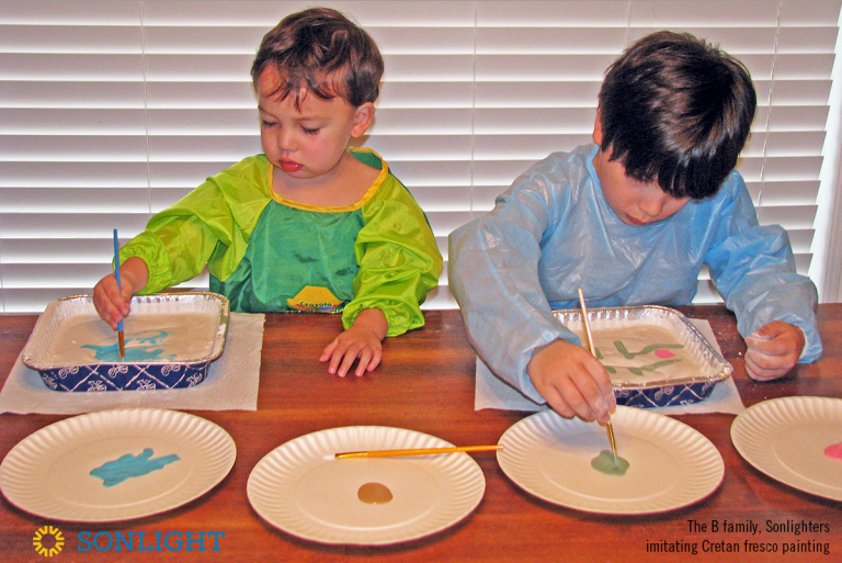 Pairing Sonlight with another homeschool philosophy • After studying ancient Crete, Sonlight students Dakota and Skye B take a break to imitate Cretan fresco painting.