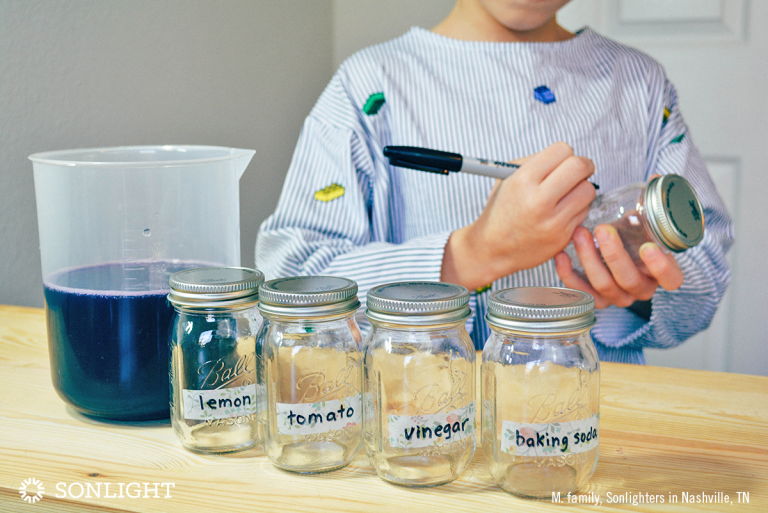 Label the clean, dry jars as follows: control, lemon, tomato, baking soda, vinegar.