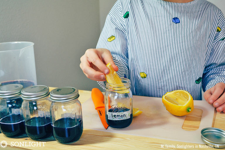 Squeeze lemon juice into the jar labeled lemon, then drop the wedge in the liquid, too. 