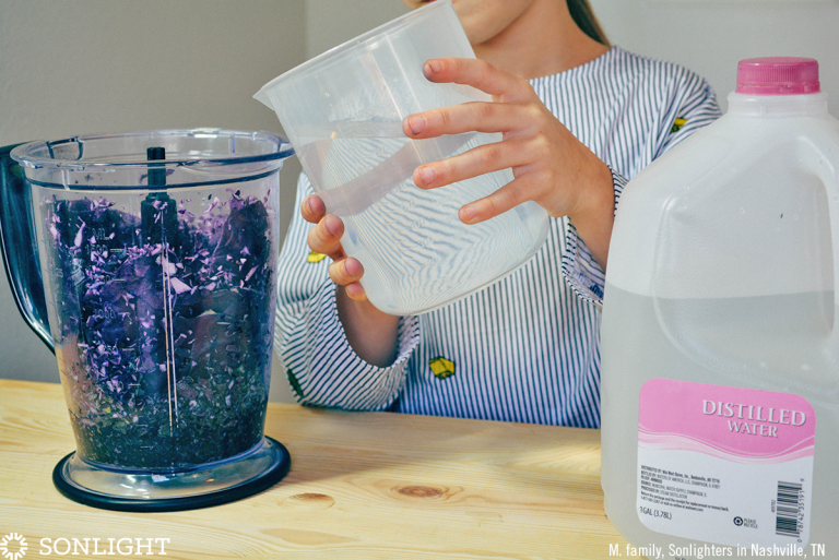 Pour distilled water into the blender until the pieces are submerged.