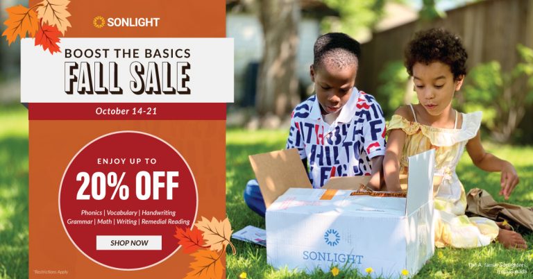 Boost the Basics Fall Sale at Sonlight | Enjoy up to 20% off on phonics, vocabulary, handwriting, grammar, math, writing, and reading