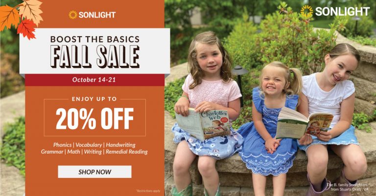 Boost the Basics Fall Sale at Sonlight | Enjoy up to 20% off on phonics, vocabulary, handwriting, grammar, math, writing, and reading