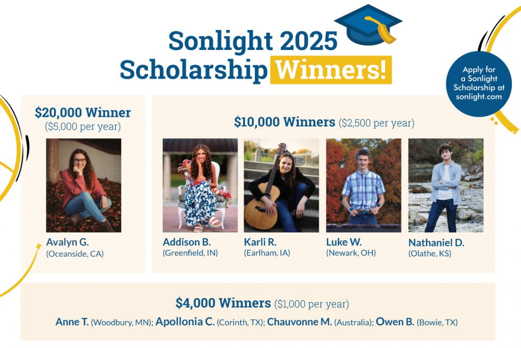 Image announcing Sonlight Scholarship winners for  2025 with names, photos, and award amounts