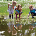 three children explore a pond